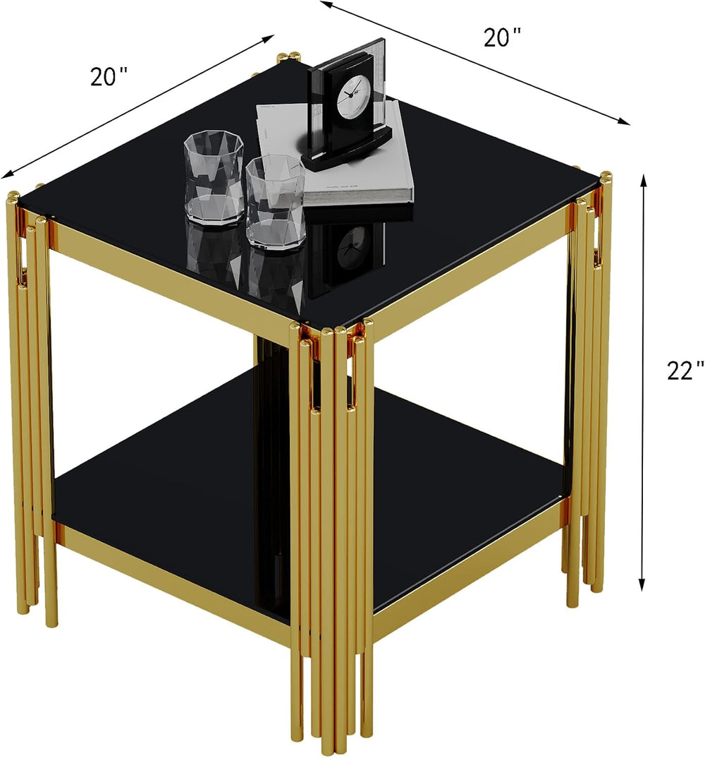 Modern Square End Table Black Glass Sofa Side Table with Gold Stainless Steel...
