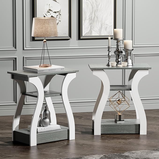 End Tables Living Room Set of 2,Grey End Table with Charging Station,Grey Sid...