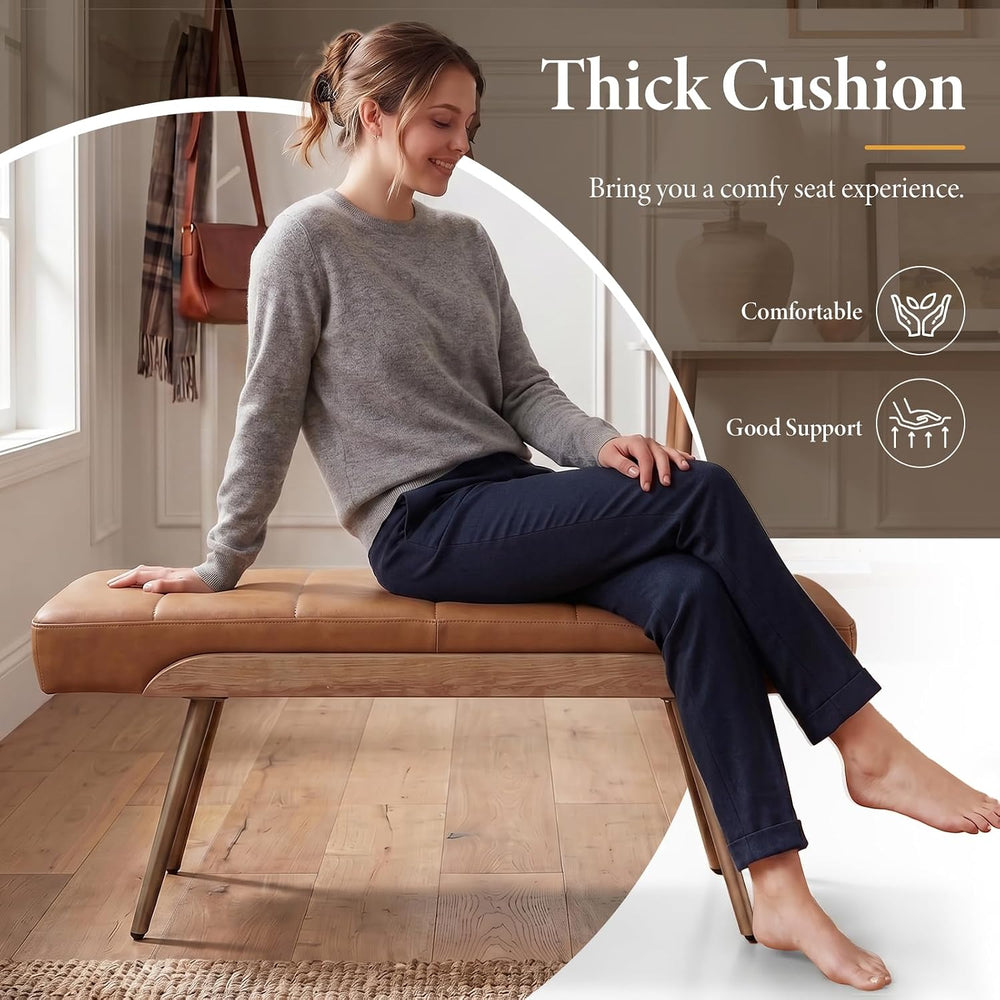 CIMOTA Mid-Century Modern Upholstered Bench, Channel Tufted Ottoman Bench wit...