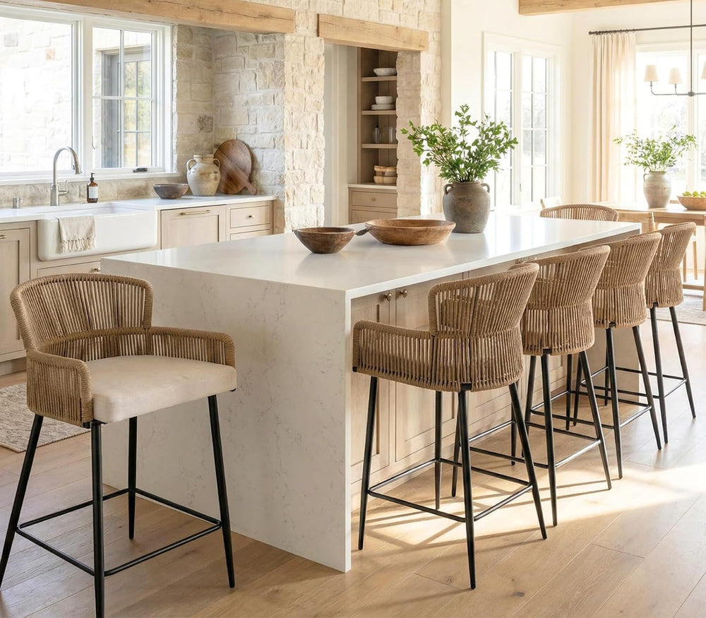HNY Farmhouse Woven Bar Stools Set of 3, 26 Inch Linen Upholstered Rattan Bar...