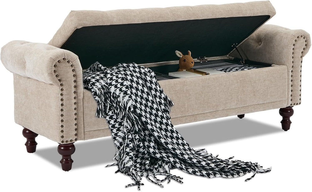 SOFTHION 58.1" Storage Bench for Bedroom, Chenille Cushion, Light Brown ...
