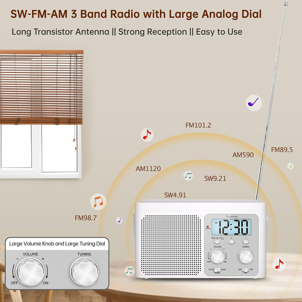 DreamSky AM FM Radio Portable Shortwave Radio Battery Powered/Plug in Wall