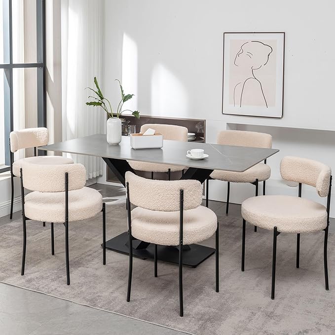 Boucle Dining Chairs Set of 4, Upholstered Dining Room Chairs with Black Meta...