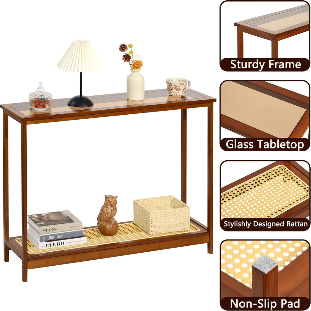 Bamboo Narrow Console Table, 39.4"(L) Wood Small Entryway Table with Rat...