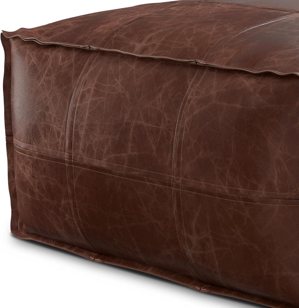 SIMPLIHOME Brody 26" Wide Genuine Leather Square Pouf in Distressed Brow...