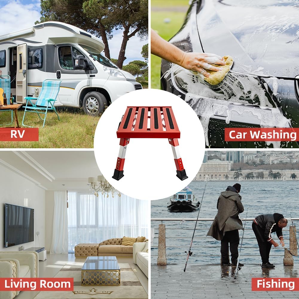 Homeon Wheels Adjustable RV Step Stool, Folding Aluminum Platform, Red