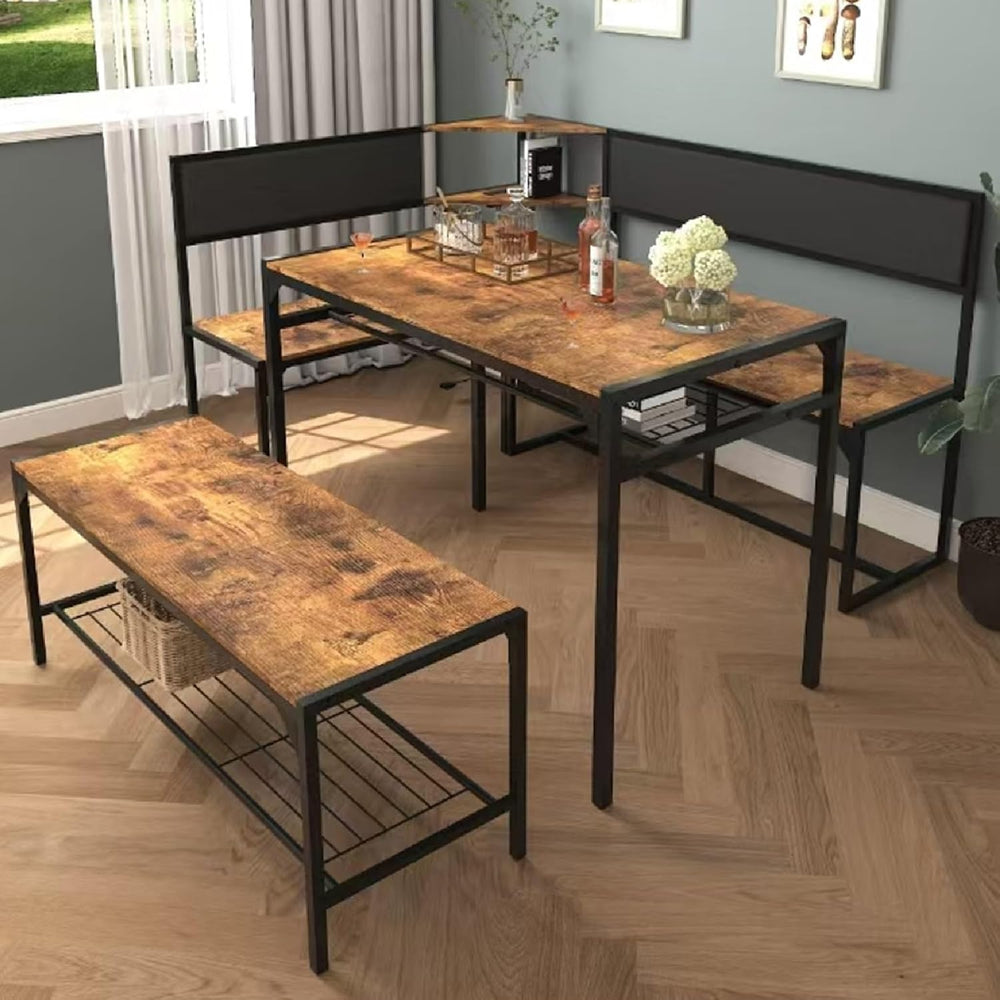 KEIKI 3-Piece Corner Dining Table Set for 4-6, Industrial Kitchen Table and C...