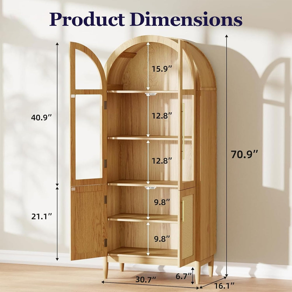71" Tall Arched Cabinet with Glass Doors, Kitchen Pantry Storage Cabinet...