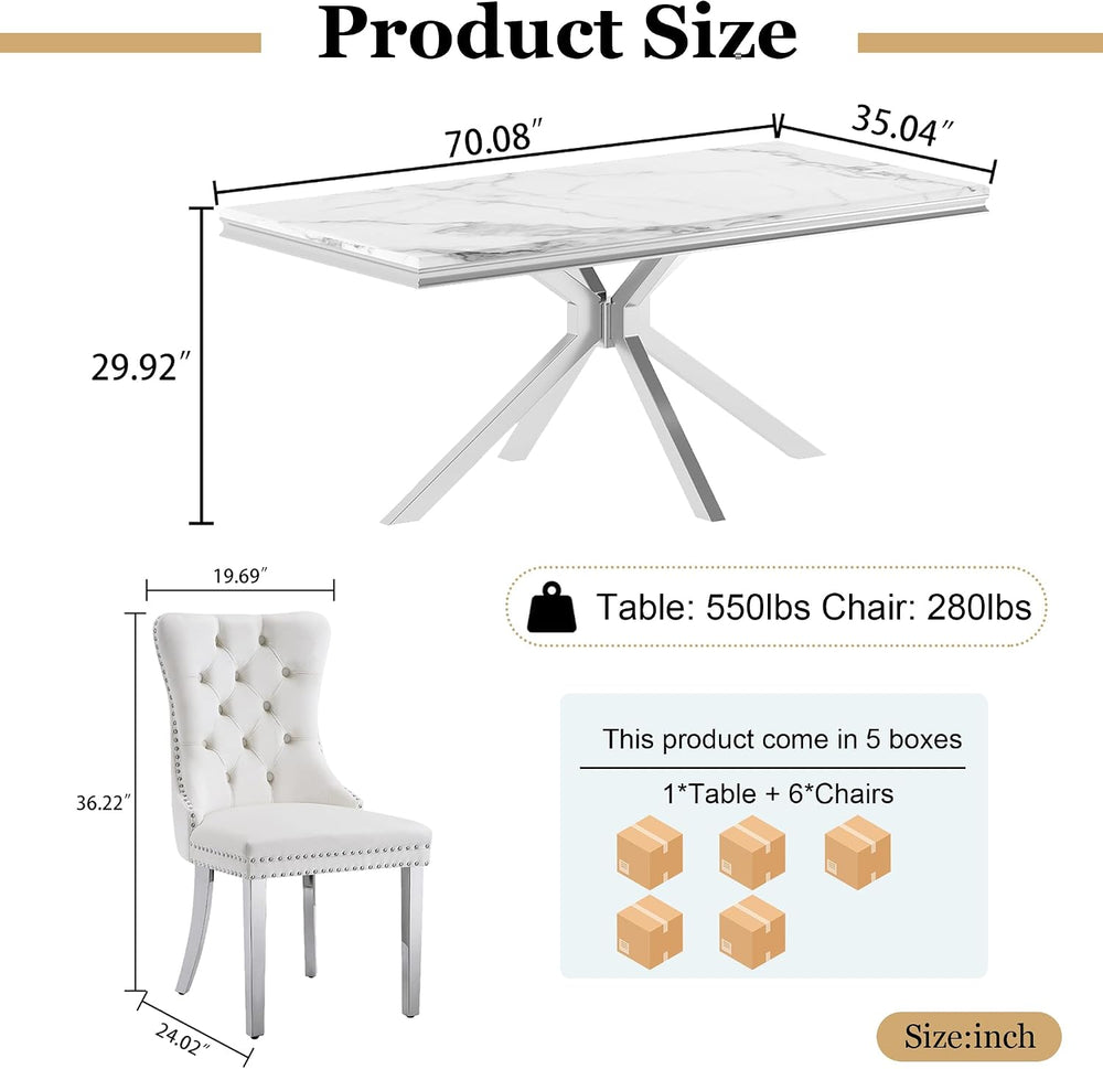 7 Piece Kitchen & Dining Room Set, Luxurious 70" White Large Marble ...