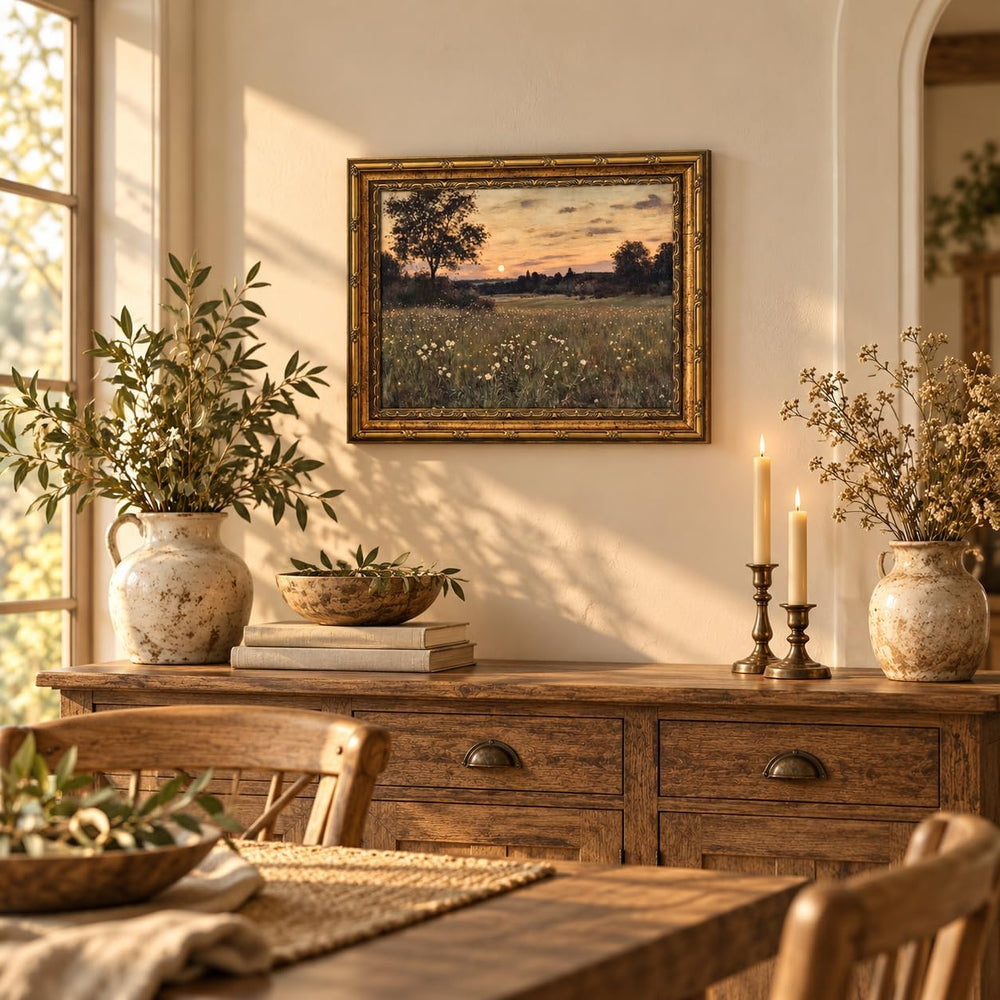 Vintage Gold Framed Rustic Firefly Field Landscape Wall Art 16x24Inch