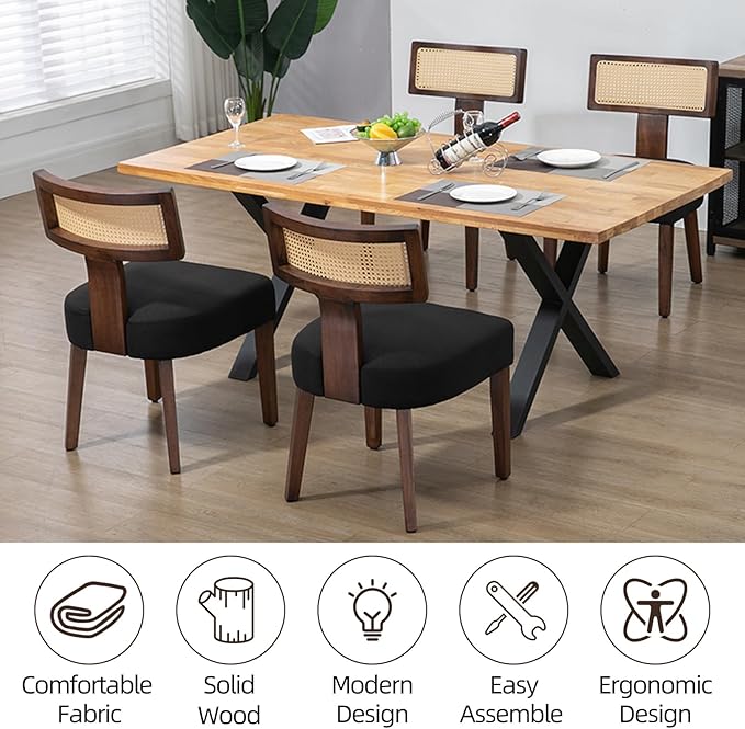 Upholstered Rattan Dining Chairs Set of 6, Mid-Century Modern Fabric Dining R...