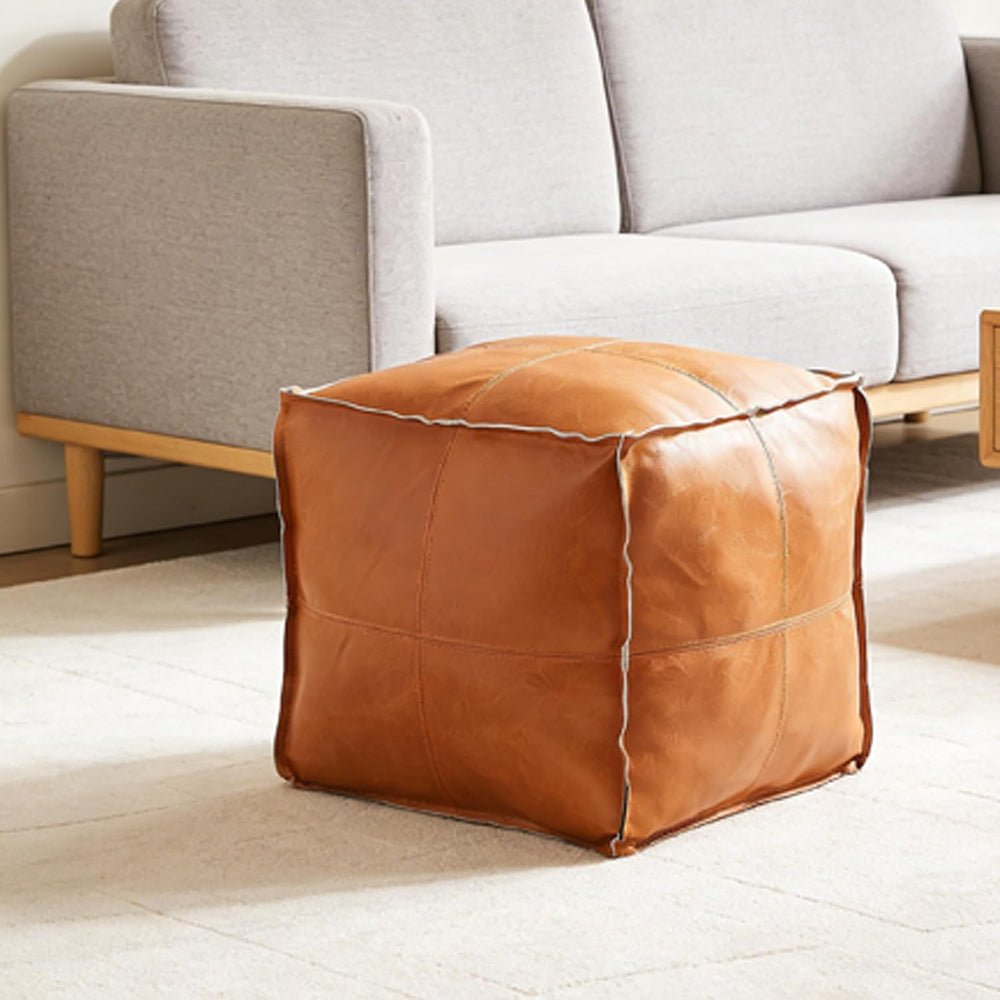 Pouf Ottoman, Unstuffed Pouf Cover, Handmade Faux PU Leather Moroccan, Orange...