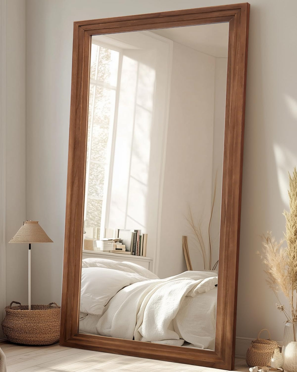 Full Length Mirror 76"x34", Rect Solid Wood Frame with Stand