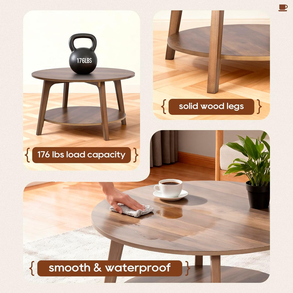 FDW Round Coffee Table 2-Tier Modern Wood Center Table with Storage for Livin...