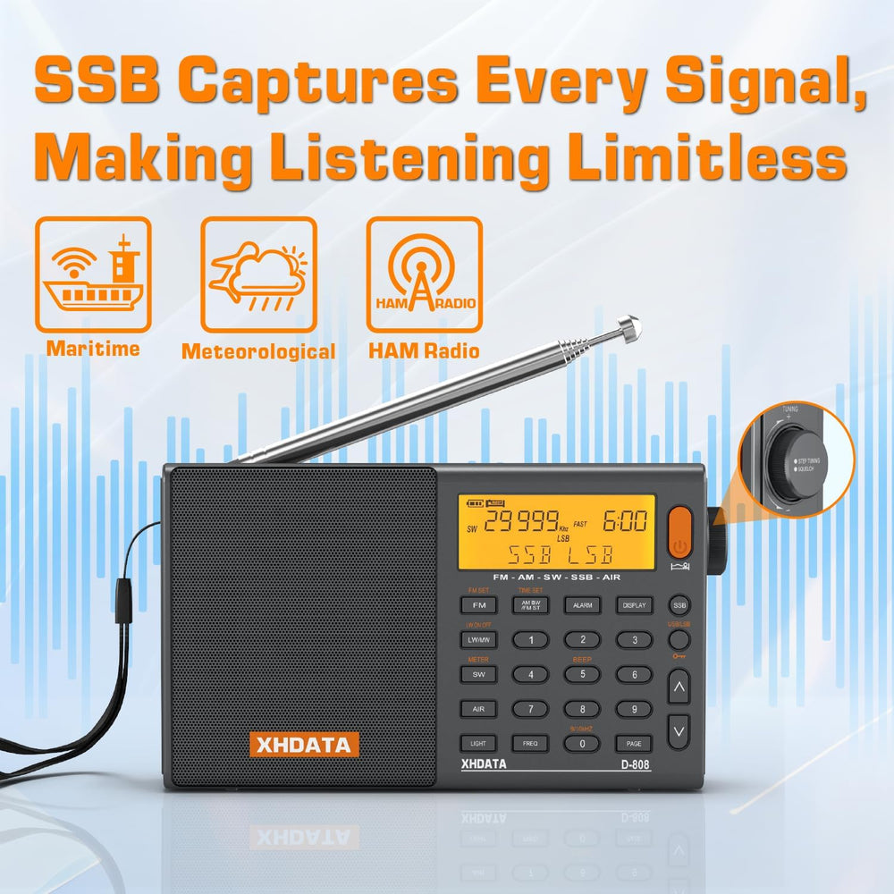 XHDATA D808 Portable AM FM SW LW Air Band Radio SSB RDS Multi Band Radio Spea...