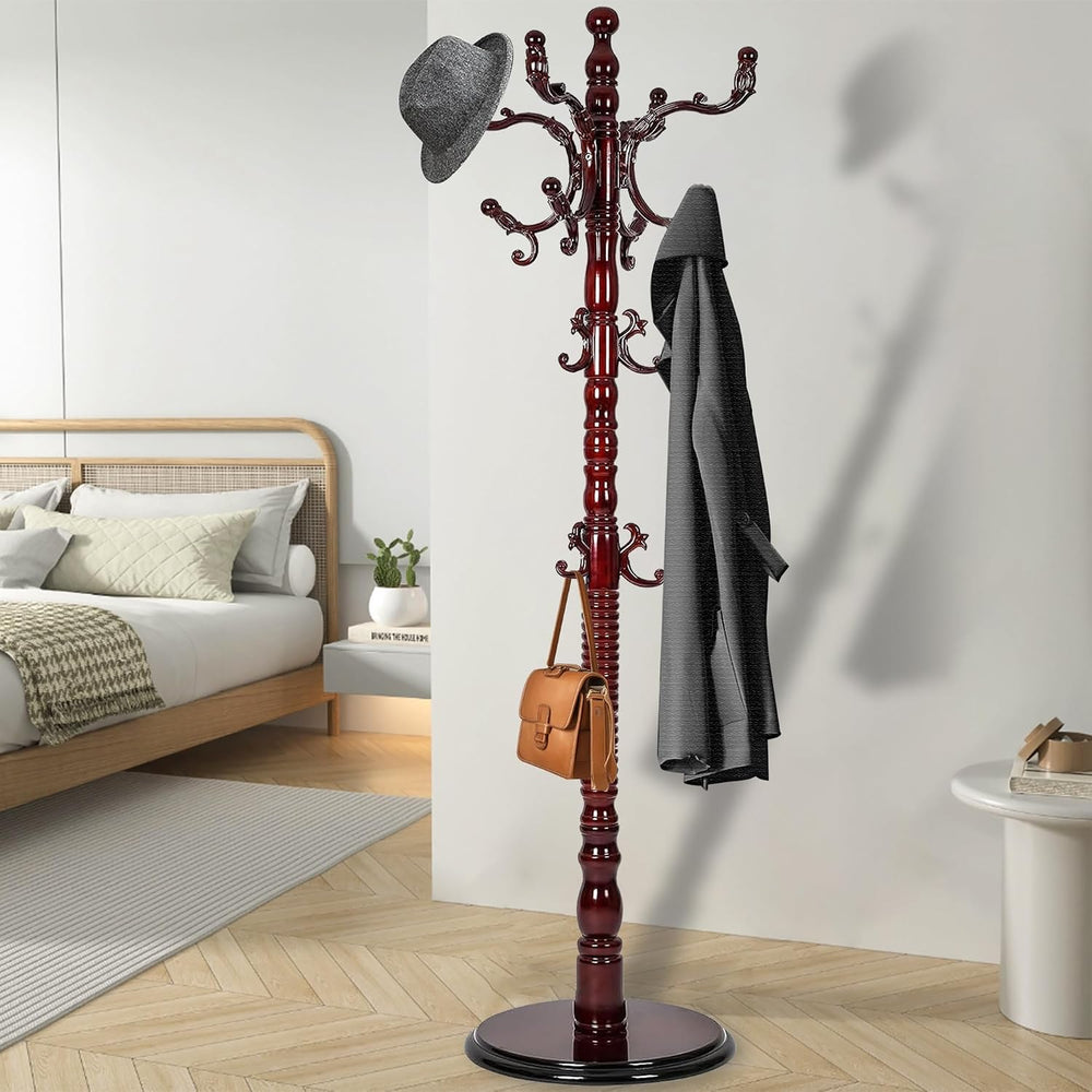 73'' Vintage Coat Racks Freestanding with 18 Hooks, Solid Wood Coat R...