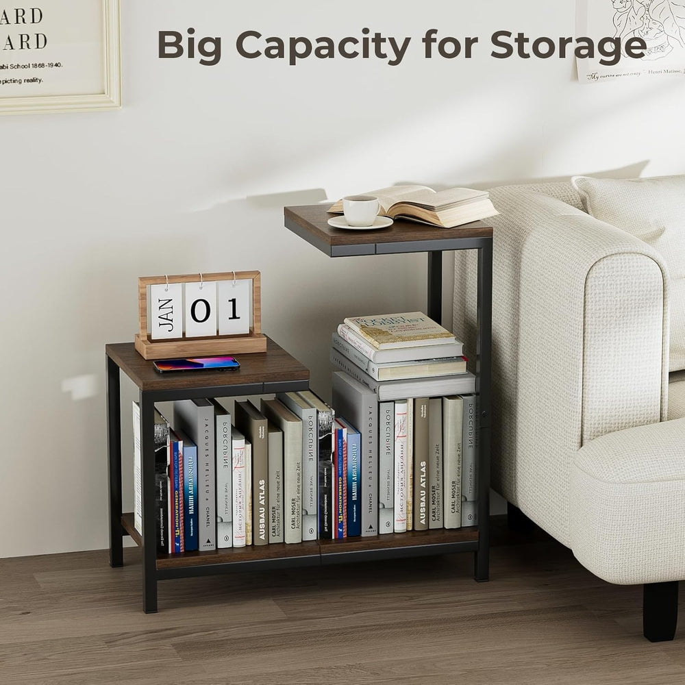 NUNET G-Shaped End Table with Storage Shelf โ Rustic Brown Space-Saving Corne...