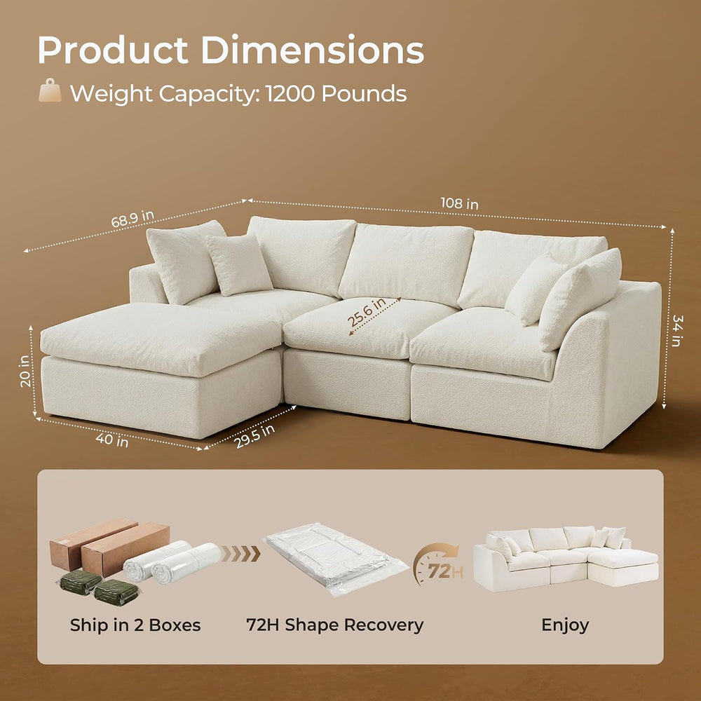 Amsleekey 108" Cloud Sectional Couch with 2 Washable Cover Sets | L-Shap...