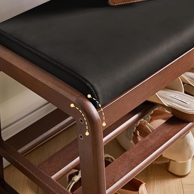 Wooden Shoe Storage Bench with Padded Top Cushion, Two-Tier Wooden Shoe Rack,...