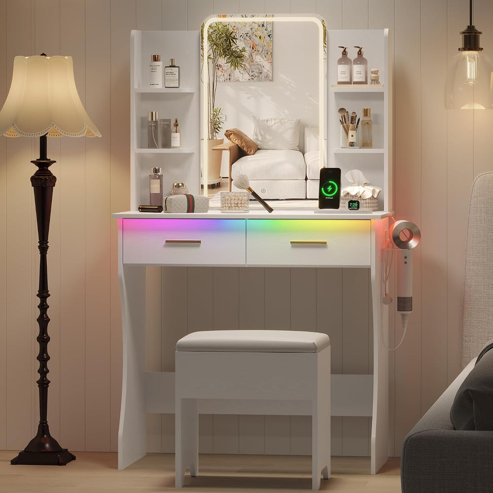 Small Vanity Desk with Mirror and Lights, Makeup Vanity with LED Lights, Whit...