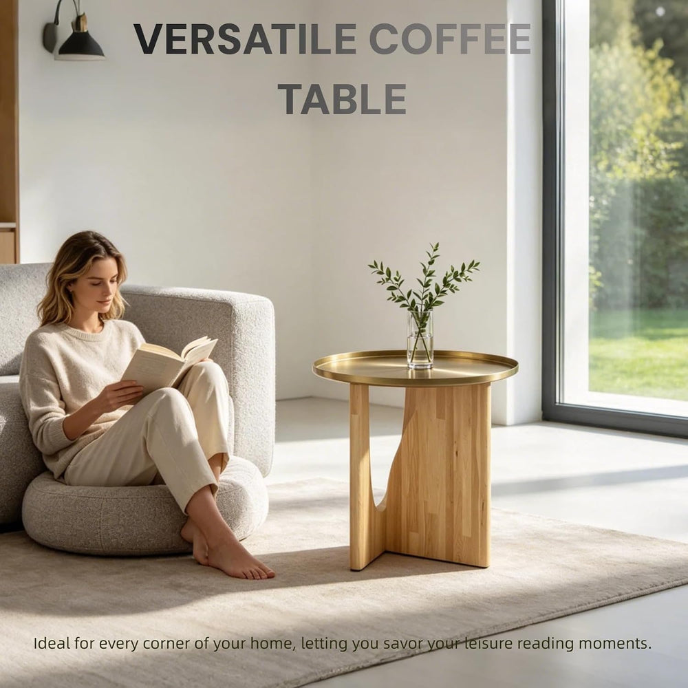 Gold End Tables Set of 3, Round Side Tables, Sofa Table with Wood Legs and Ra...