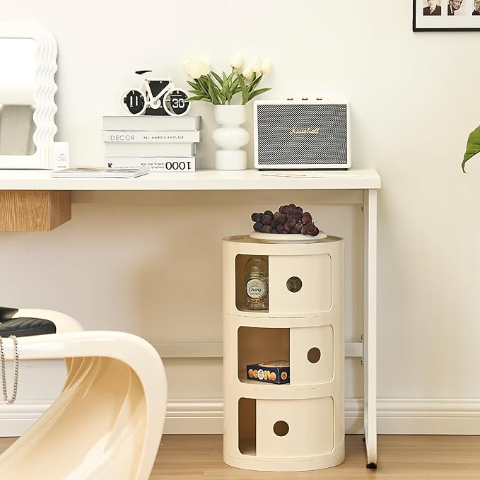 Round Nightstand with 3 Drawers, Modern Style Side Table, Multifunctional End...
