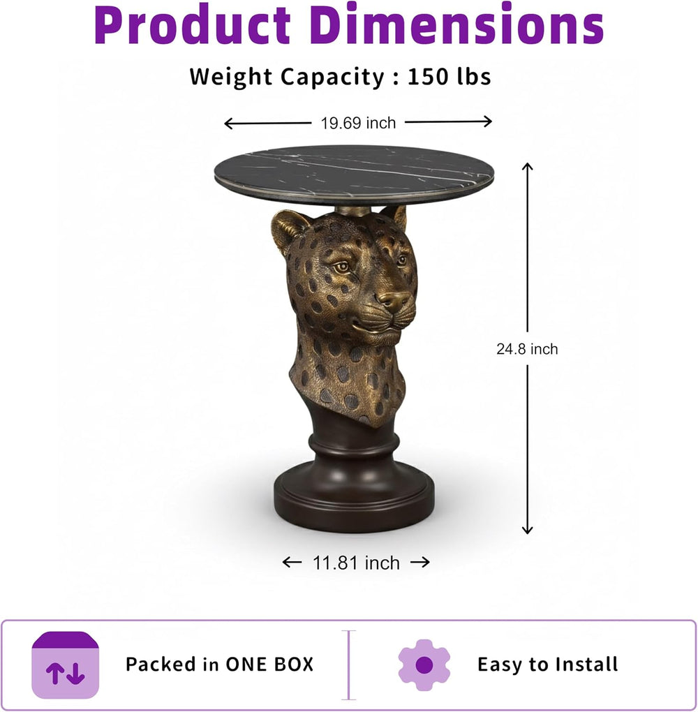Leopard Head Accent Table with Faux Marble Top & Lifelike Texture, Animal...