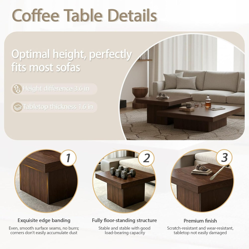 Nesting Coffee Table Set of 2, Modern Square Coffee Tables and Side Table Set...