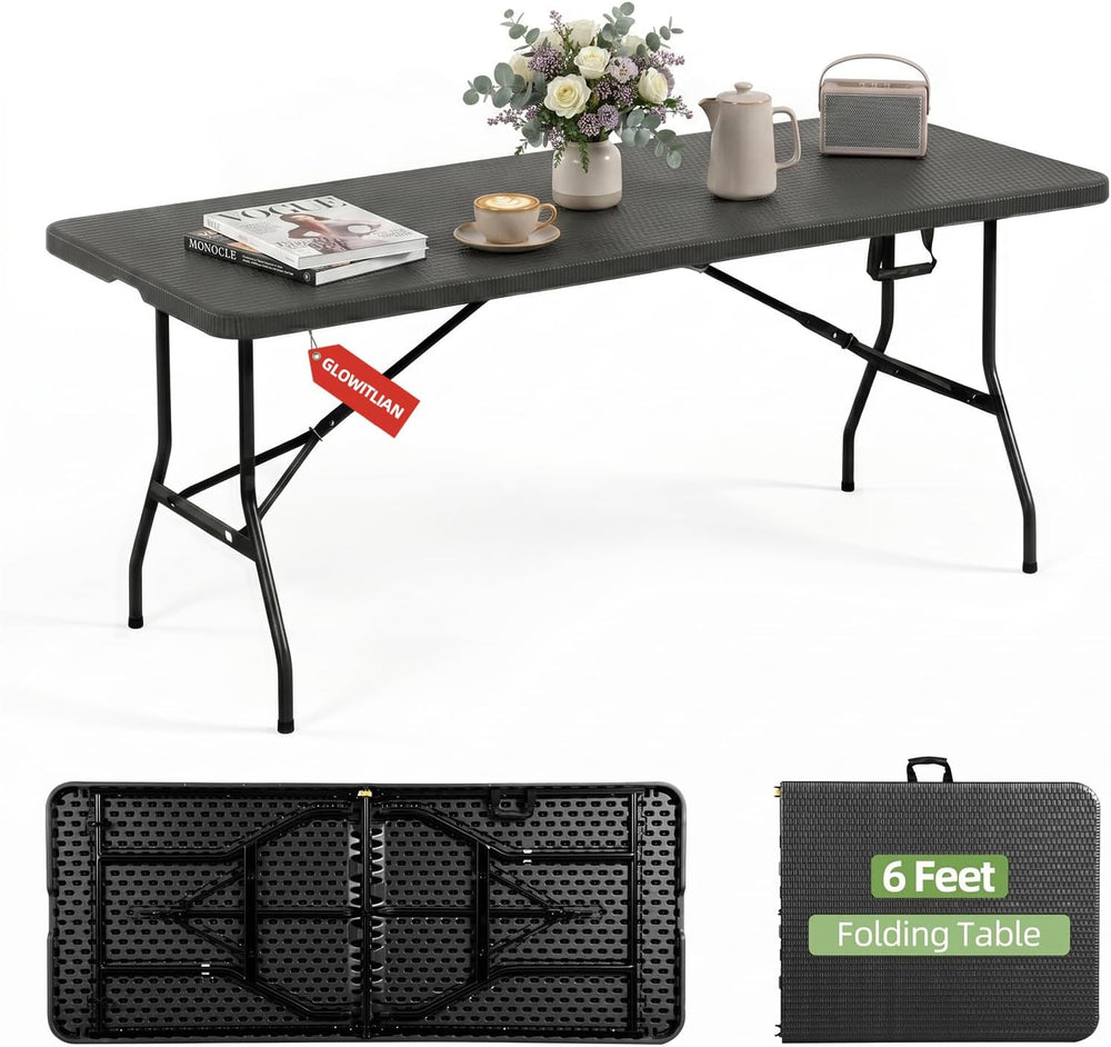 6FT Folding Table Portable Picnic Table Heavy-Duty Fold-in-Half Utility 6 Foo...