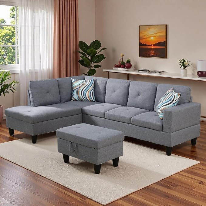 L-Shaped Sectional Sofa with Movable Chaise & Storage Ottoman, Lounge 3-P...