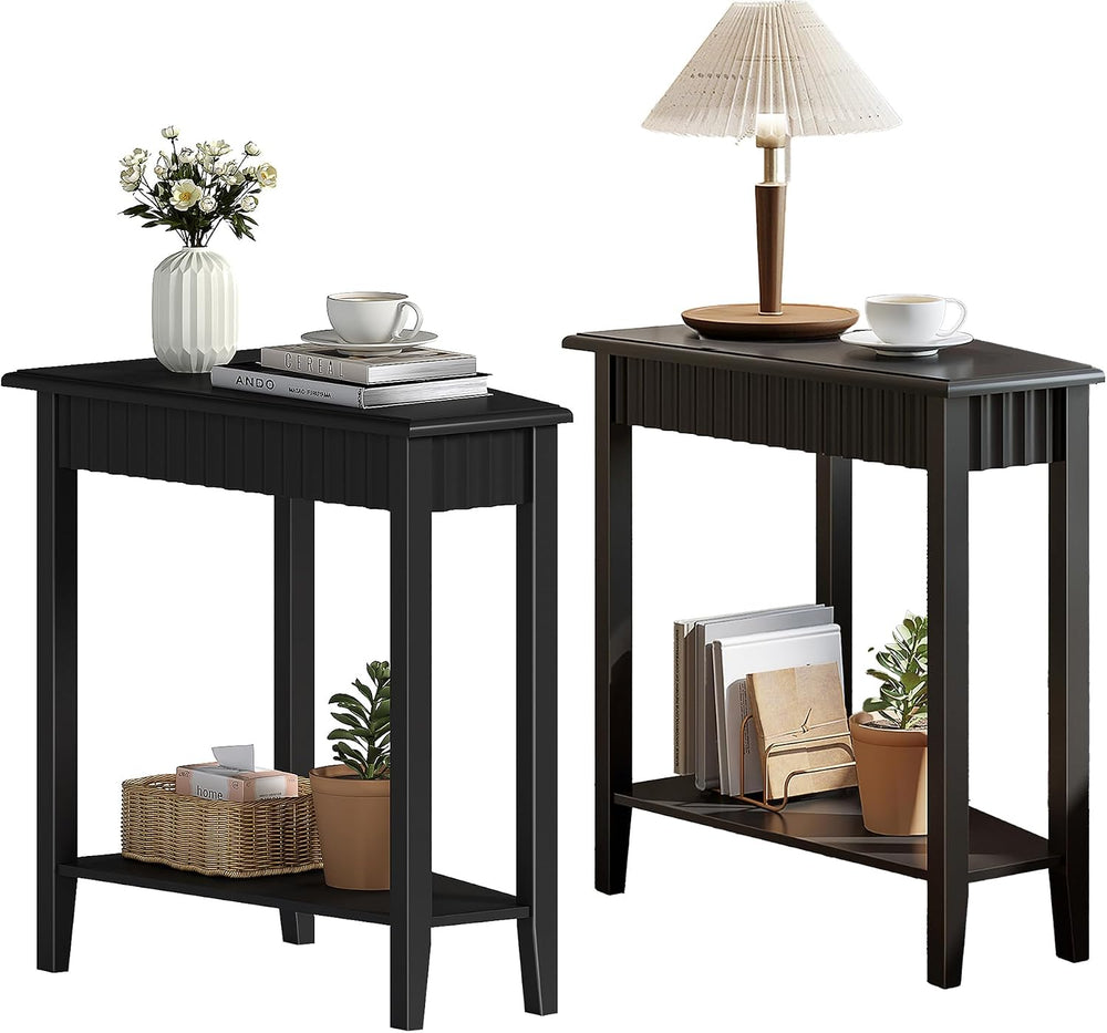ChooChoo Fluted Recliner Side Tables Set of 2 with 2-Tier Storage Shelf | Wed...