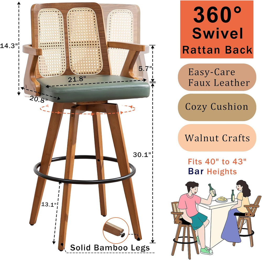 Mid Century Bar Stools, Rattan Swivel Bar Stools with Walnut Finish