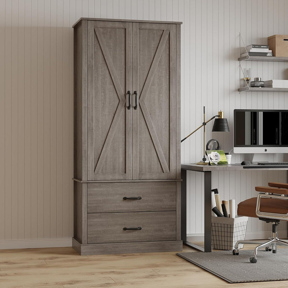 65" Tall Kitchen Pantry Cabinet with Barn Doors, Drawers & Adjustabl...