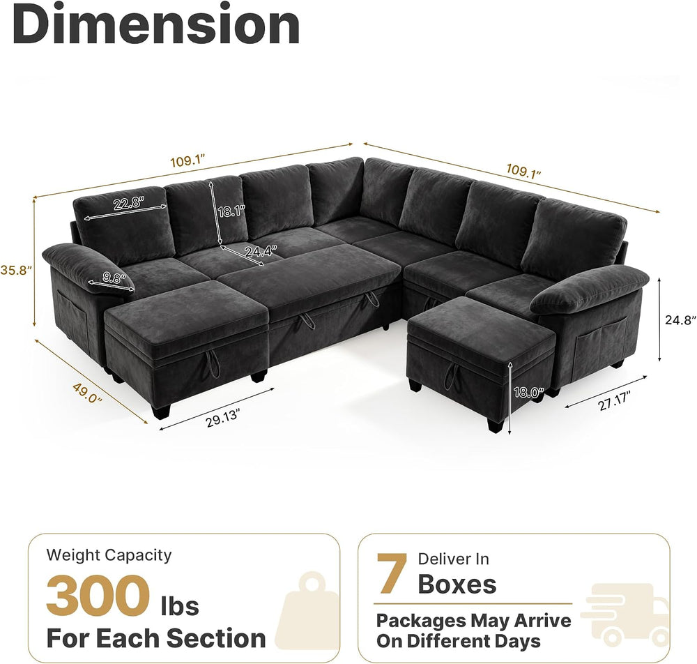 Oversized Sectional Sleeper Couch, 9 Seat Modular Sofa Pull-Out Storage Bed |...