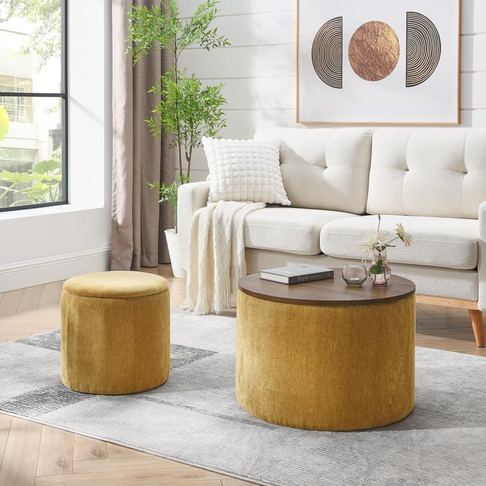 2-Piece Set Round Chenille Storage Ottoman, Equipped with a Drum Shaped Small...