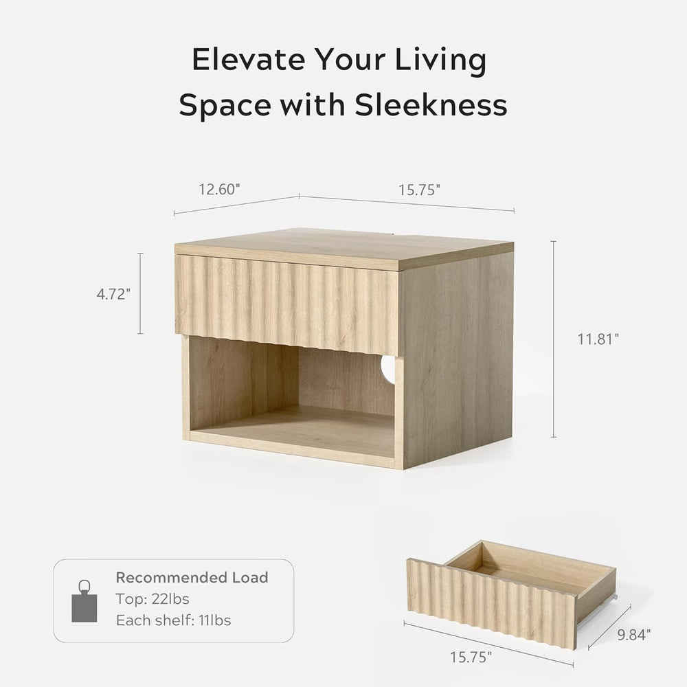 Small Floating Nightstand with Drawer, Modern Night Stand with Fluted Door an...