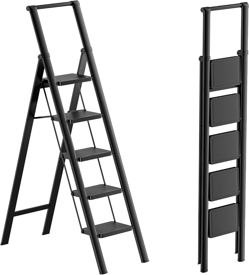 5 Step Ladder, Foldable 5 Step Stool, Black