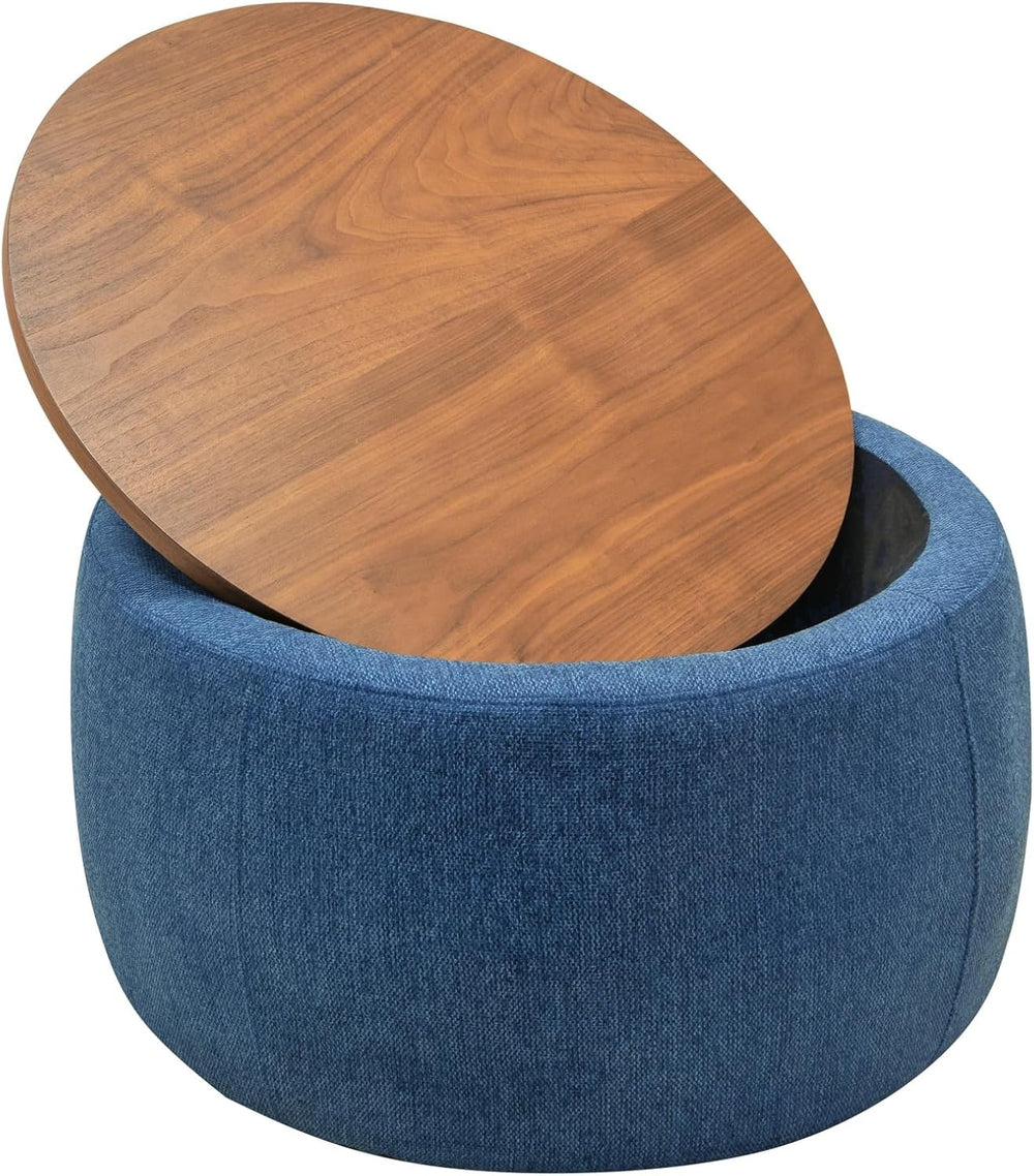 Round Storage Ottoman, 2 in 1 Function, Work as End Table and Ottoman, Navy (...