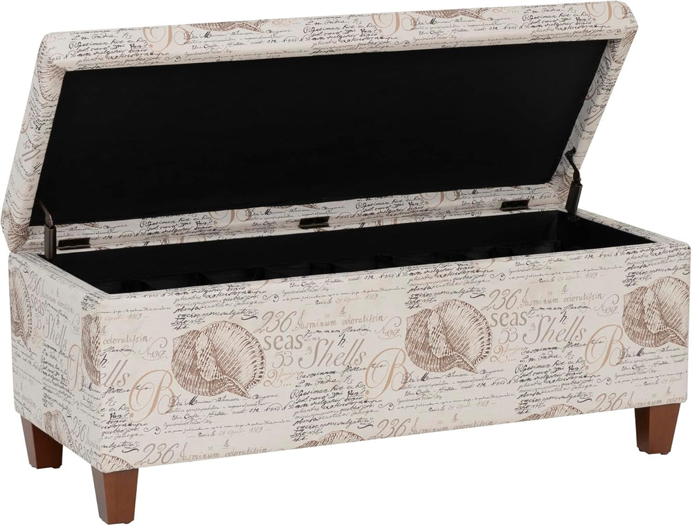 Linon Carmen Ivory and Beige Seashell Upholstered Lift Top Storage Ottoman wi...
