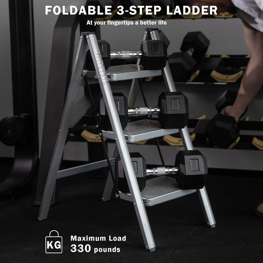 3 Step Ladder, Steel Folding Step Stool with 330lbs Heavy Duty