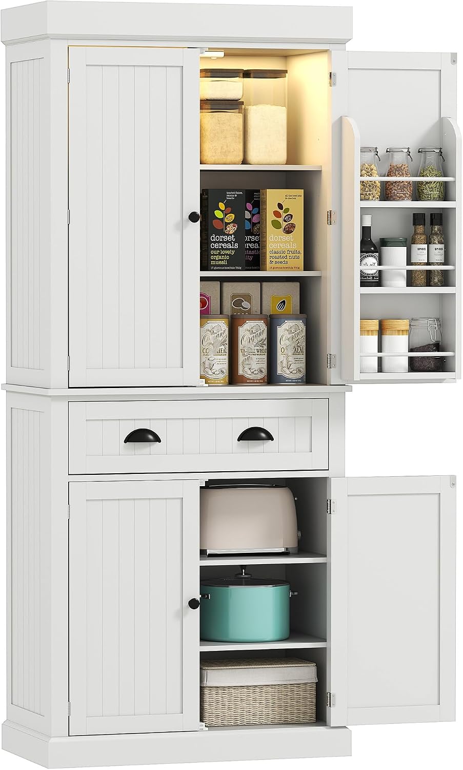 HOMCOM 71" Kitchen Pantry Cabinet LED Motion Sensor Light Drawer White |...