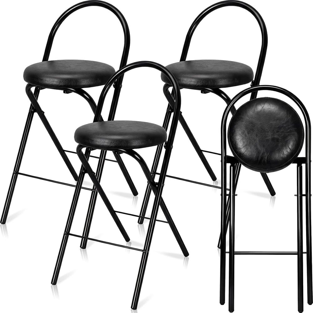 CroBlissful 4 Pcs 24 Inch Folding Bar Stool with Backrest, Leather Padded Fol...