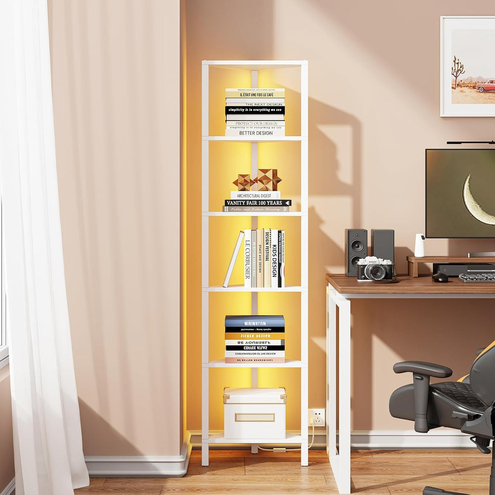 TUTOTAK 6-Tier Corner Bookshelf with LED Light, Corner Shelf