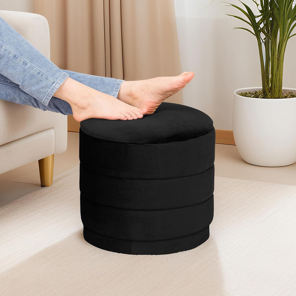 15" Round Velvet Storage Ottoman with Tray | Upholstered Folding Foot Re...