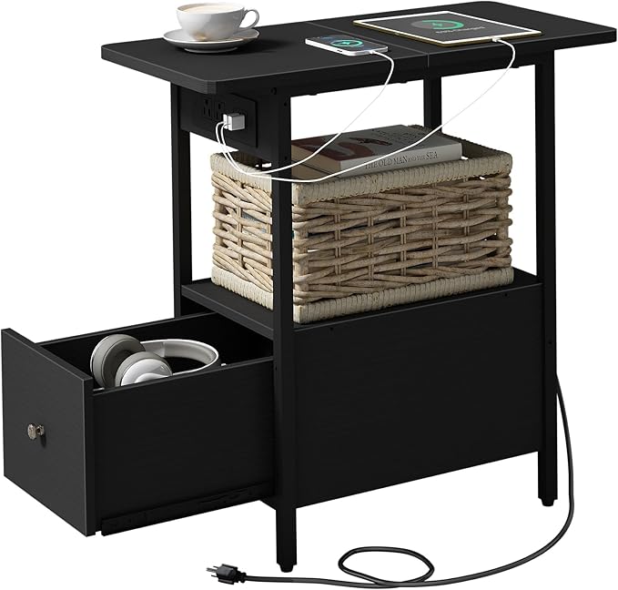 LIDYUK End Table with Charging Station, Narrow Side Table with Drawer and USB...