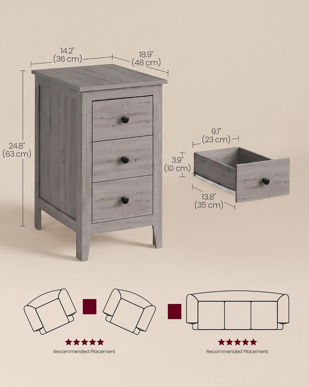 VASAGLE Liry Collection-Farmhouse Side End Table with 3 Drawers, Slim Nightst...