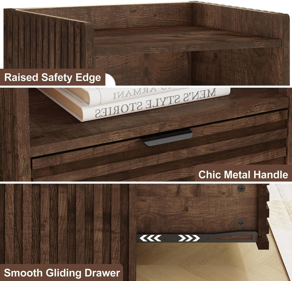 BON AUGURE Fluted Nightstand with Drawer and Storage Shelf, Modern Wood Bedsi...