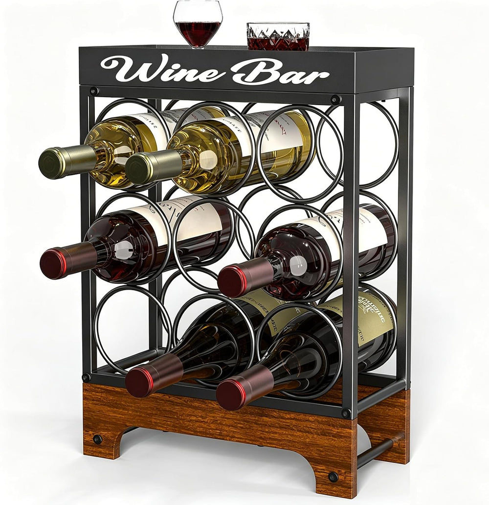 9 Bottles Wine Racks Countertop Freestanding with Top Tray, Modern Black Meta...