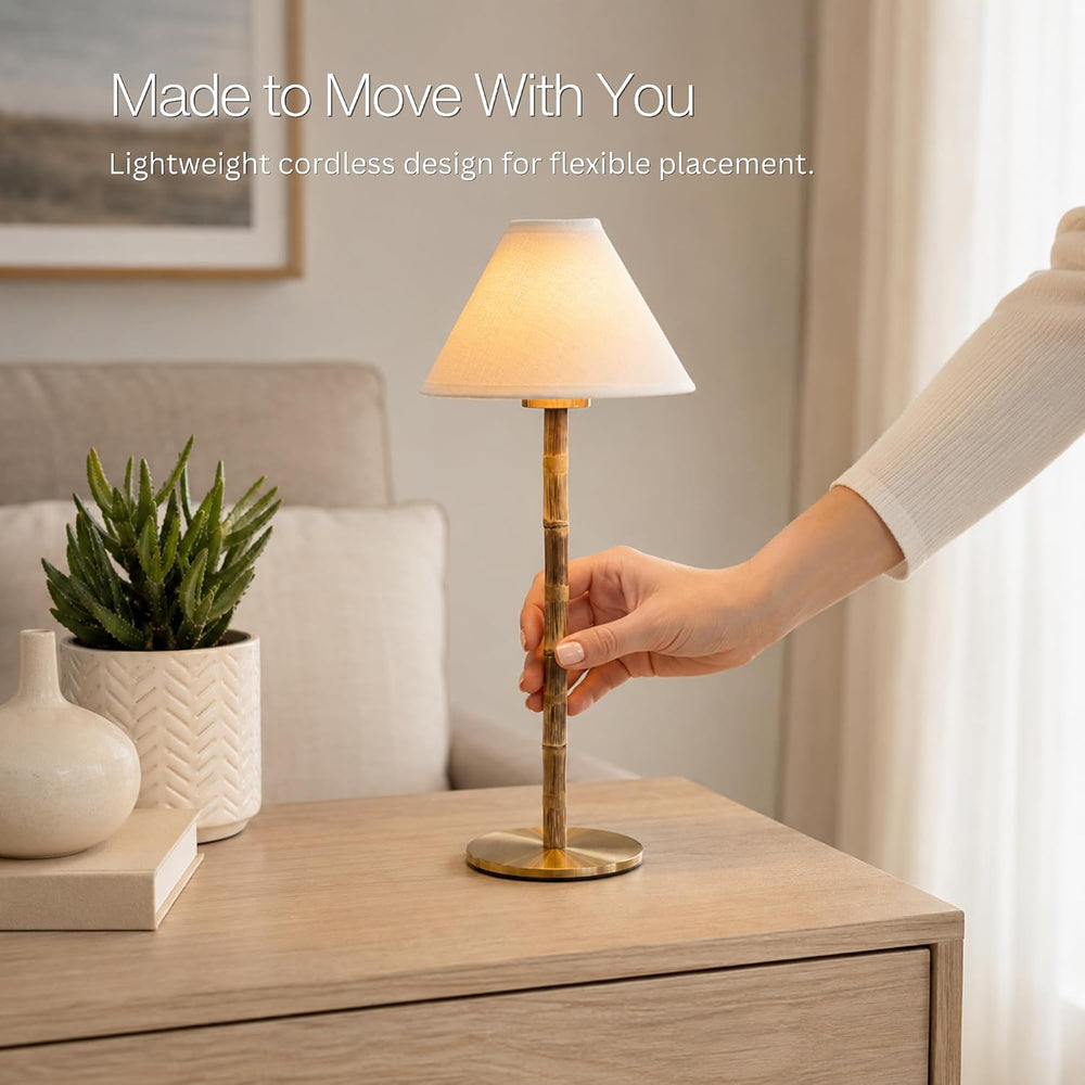 Bamboo Cordless LED Table Lamp – Rechargeable 24-Hour Battery, Dimmable Warm ...
