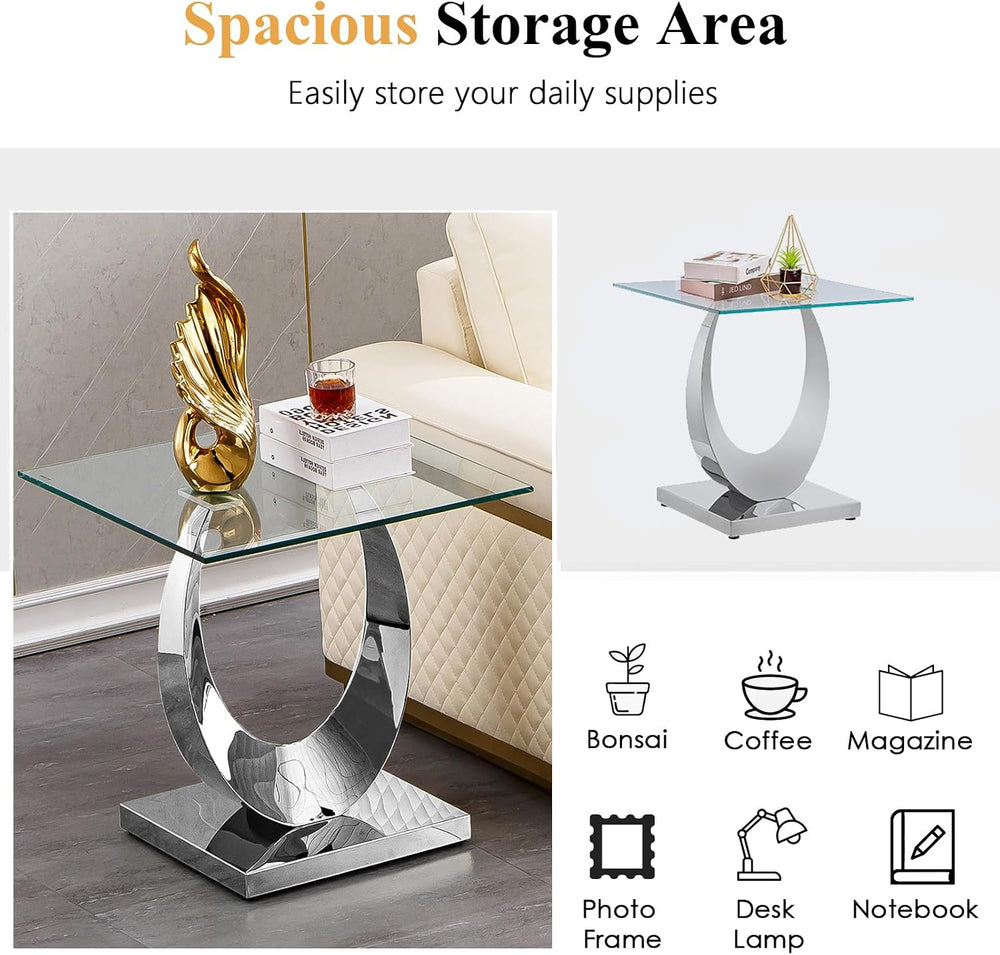 Modern Square End Table for Living Room, Tempered Glass Top & Moon Shape ...